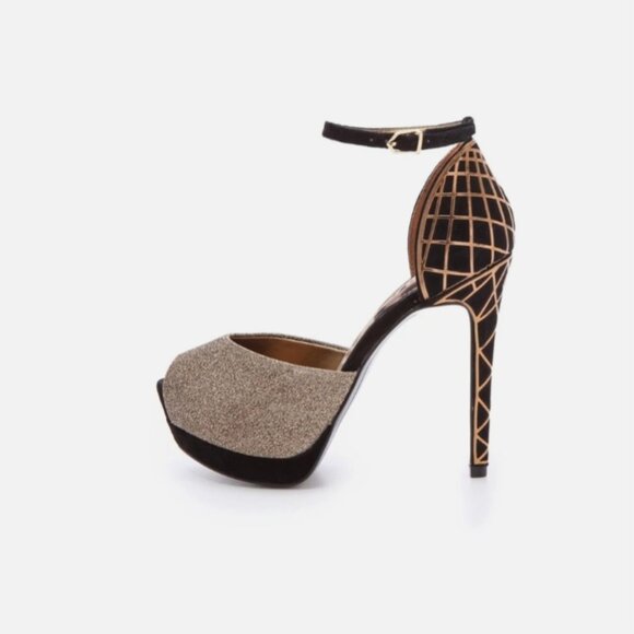 Sam Edelman Paulette Heel Gold Black Peep Toe Pump - Picture 1 of 6